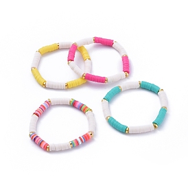 Handmade Polymer Clay Heishi Beads Stretch Bracelets, with Alloy Spacer Beads