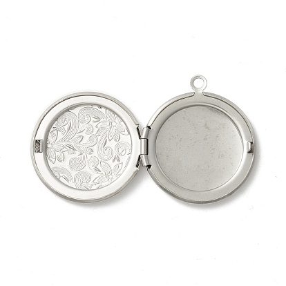 304 Stainless Steel Diffuser Locket Pendants, Photo Frame Pendants for Necklaces, Flat Round with Flower Pattern