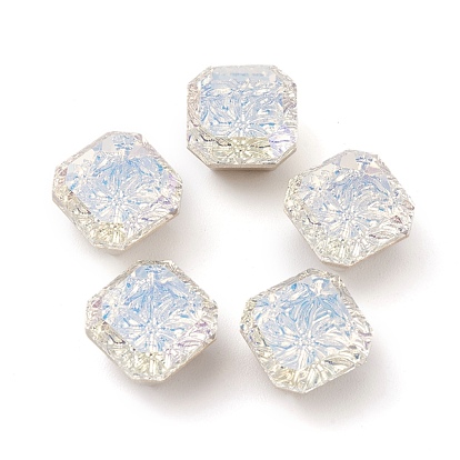 Embossed Glass Rhinestone Cabochons, Flat Back, Back Plated, Faceted, Square