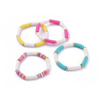 Bracelets élastiques faits à la main de perles heishi en pâte polymère, avec alliage de perles d'entretoise