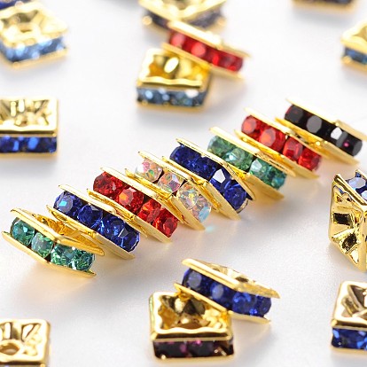 Brass Rhinestone Spacer Beads, Grade A, Golden Metal Color, Square, 6x6x3mm, Hole: 1mm