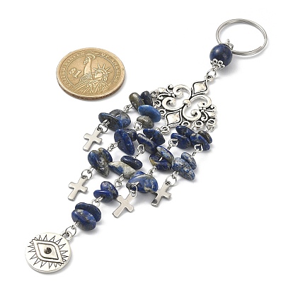 Porte-clés rond plat avec pendentif en alliage pour les yeux, avec des perles de pierres précieuses et des breloques en forme de croix, pour les femmes sac clé de voiture pendentif décoration