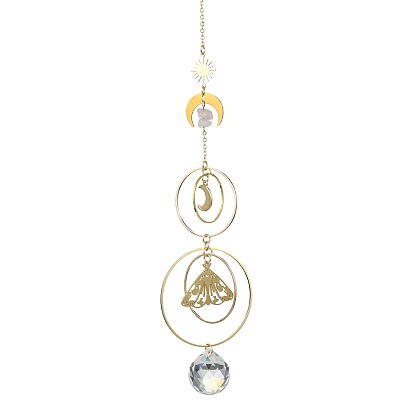 Natural Rose Quartz & Glass Pendant Decorations, with Brass & Stainless Steel Findings