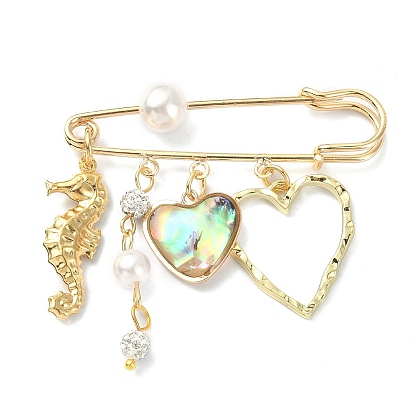 Coeur avec pendentif hippocampe/coquillage/étoile de mer épingles de kilt, broches en laiton et plastique ABS avec imitation de perles