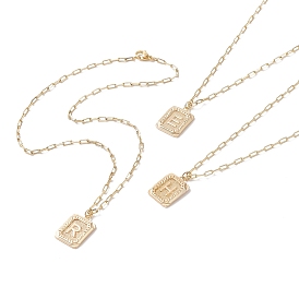 Brass Rectangle with Initial Letter Pendant Necklace with Paperclip Chains for Men Women, Golden