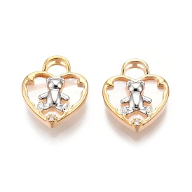 Natural Shell Pendants, Heart with Bear Charm, with Brass Pave Clear Cubic Zirconia Findings, Nickel Free