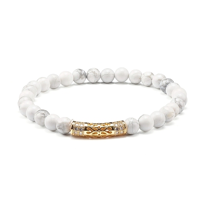 Ensemble de bracelets extensibles de perles rondes en pierre naturelle mélangée, Bracelets de perles de zircone cubique rondes et tubulaires en laiton micro pavé