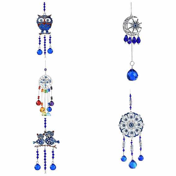 Woven Web/Net with Feather Glass Hanging Suncatcher Pendant Decoration, Crystal Ceiling Chandelier Ball Prism Pendants, with Alloy Findings, Flower/Owl/Round/Moon Pattern