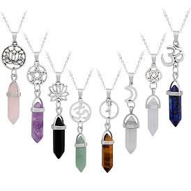 Natural Stone Double Terminal Pointed Pendants, Antique Silver Plated Alloy Faceted Bullet Charms