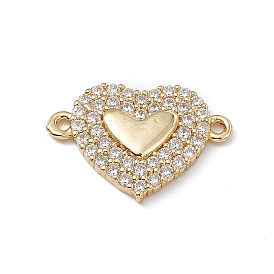 Rack Plating Brass Micro Pave Clear Cubic Zirconia Connector Charms, Lead Free & Cadmium Free, Heart Links