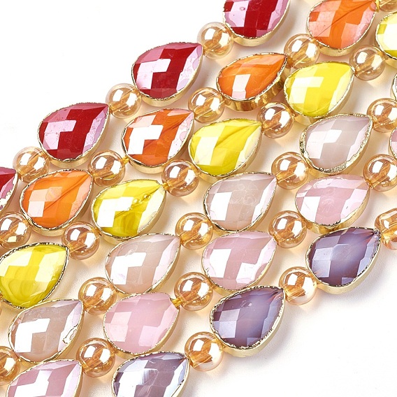 Opaque Glass Beads Strands, with Golden Tone Brass Findings, Pearl Luster Plated, Faceted, Drop