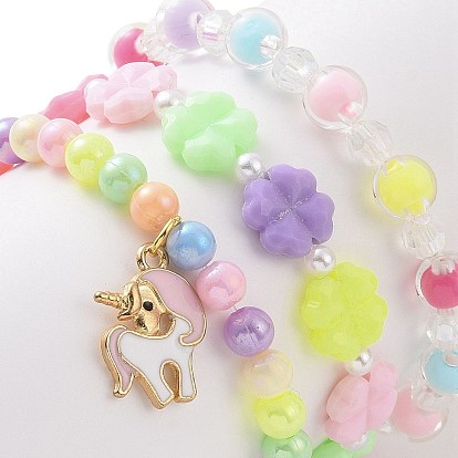 3 piezas 3 conjunto de pulseras elásticas con cuentas de perlas de imitación y trébol acrílico, Aleación esmalte unicornio encantos pulseras apilables para niños