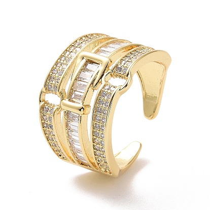 Cubic Zirconia Belt Buckle Shape Open Cuff Ring, Real 18K Gold Plated Brass Triple Line Wide Ring for Women, Cadmium Free & Nickel Free & Lead Free
