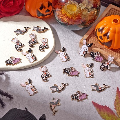 20 pcs 4 pendentifs en émail d'alliage d'halloween de style, or, chat & lapin & chauve-souris & requin