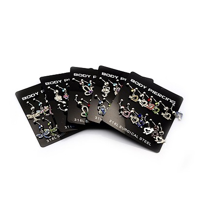 Mixed 316L Surgical Stainless Steel Dangle Belly Button Rings, with Alloy Rhinestone Charms