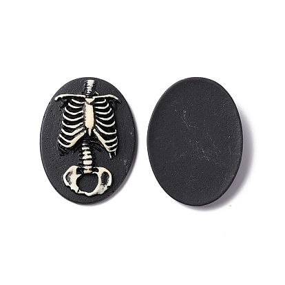 Halloween Cameos Opaque Resin Cabochons, Oval with Brain/Heart/Skeleton/Tooth/Eye/Skull/Anchor& Helm Pattern