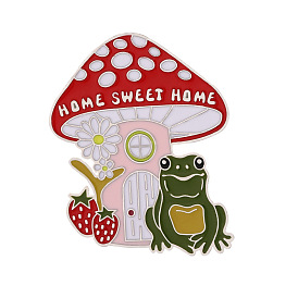 Mushroom with Frog Enamel Pin, Golden Alloy Word Brooch for Backpack Clothes
