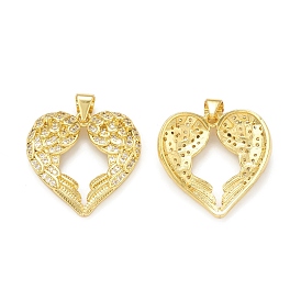 Rack Plating Brass Micro Pave Cubic Zirconia Pendants, Cadmium Free & Lead Free, Long-Lasting Plated, Real 18K Gold Plated, Heart Wing Charm