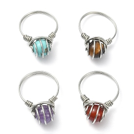 4Pcs 4 Style Natural Mixed Gemstone Round Beaded Finger Rings Set, Copper Wire Wrap Rings