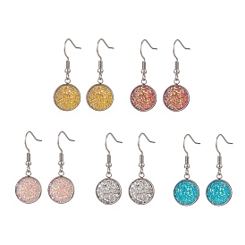 5 Pair 5 Color Bling Resin Flat Round Dangle Earrings, 316 Surgical Stainless Steel Jewelry for Women