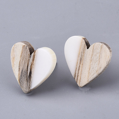 Resin & Wood Stud Earrings, with 304 Stainless Steel Pin, Heart