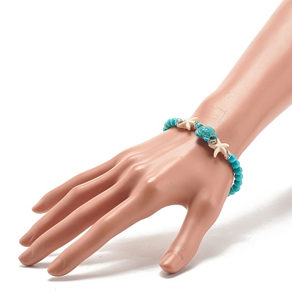 Synthetic Turquoise(Dyed) Starfish & Turtle Stretch Bracelet, Gemstone Jewelry for Women