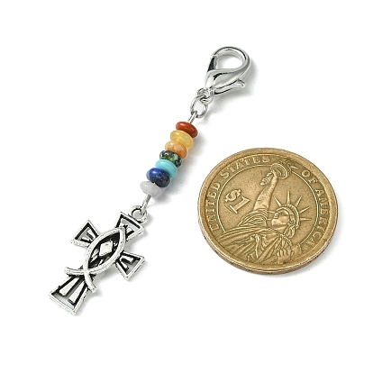 Crucifix Cross with Jesus Fish Alloy Enamel Pendant Decorations, Chakra Natural & Synthetic Stone Beads and Lobster Claw Clasps Charms