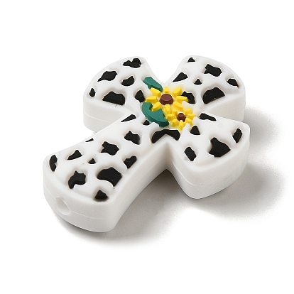 Cross with Sunflower Food Grade Silicone Focal Beads, Silicone Teething Beads