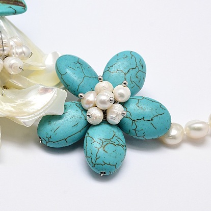 Calla lily flower akoya shell bavoir déclaration colliers, fermoirs en laiton anneau de printemps, perles de pierres précieuses et perles de nacre, 20.4 pouce
