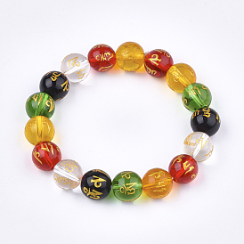 Agate naturelle mala perle bracelets, bijoux bouddhiste, bracelets élastiques, ronde avec om mani padme hum
