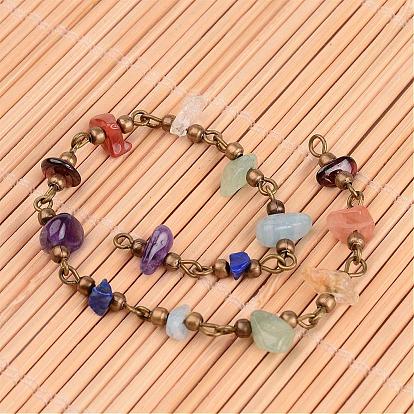 Chakra cadenas de latón piedras preciosas hechas chip de cuentas para hacer collares o pulseras, sin soldar, con latón granos del espaciador, 39.37 pulgada, 1 m / cadena