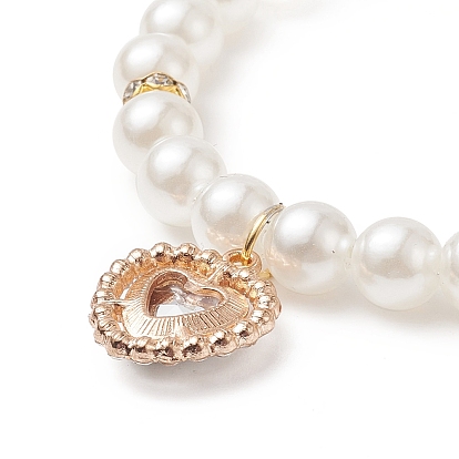 Акриловый жемчуг круглый эластичный браслет из бисера с сердечными подвесками из сплава горного хрусталя для женщин