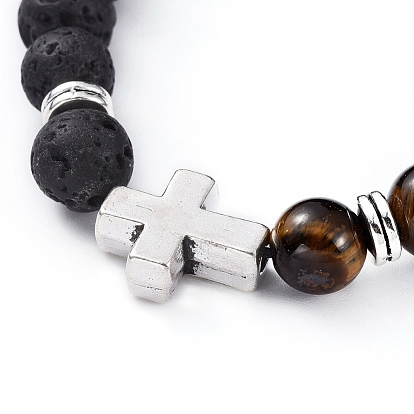 Bracelets tressés réglables en pierre de lave naturelle et perles d'oeil de tigre, avec des perles en alliage de style tibétain, croix