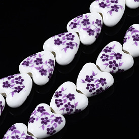 Brins de perles en céramique de porcelaine faites à la main, fleur imprimée, cœur