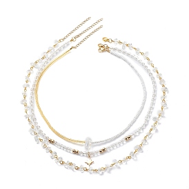 3Pcs 3 Style Brass Star Charm Necklaces Set, Natural Quartz Crystal Bullet & Chips Beaded Stackable Necklaces for Women