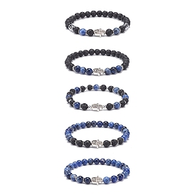 5Pcs 5 Style Natural Lava Rock & Sodalite Stretch Bracelets Set with Alloy Hamsa Hand Beaded, Essential Oil Gemstone Jewelry for Women