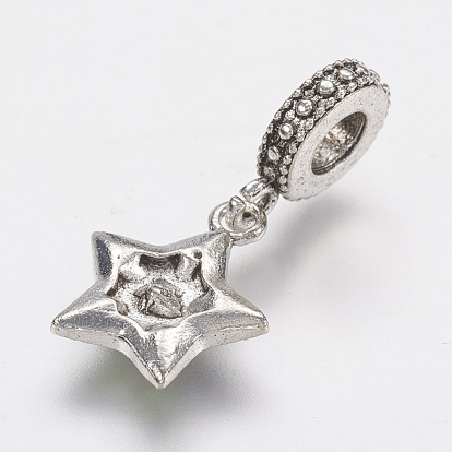 Tibetan Style Alloy Rhinestone European Dangle Charms, Large Hole Pendants, Star, Antique Silver