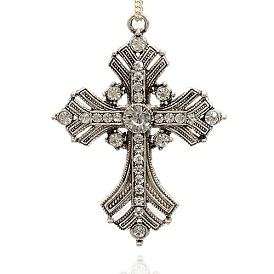 Alloy Latin Cross Clenched Large Gothic Pendants, with Rhinestone, Antique Silver, 74x54x8mm, Hole: 3mm