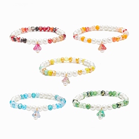 Glass Pearl & Flower Beaded Stretch Bracelet with Bell Charm for Women