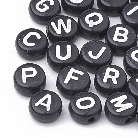 Opaque Acrylic Beads, Horizontal Hole, Mixed Letters, Flat Round