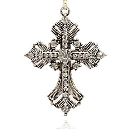 Aleación grandes colgantes gótico cruz latina apretados, con diamante de imitación, plata antigua, 74x54x8 mm, agujero: 3 mm