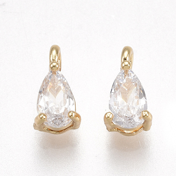 Brass Cubic Zirconia Charms, Nickel Free, Real 18K Gold Plated, Drop