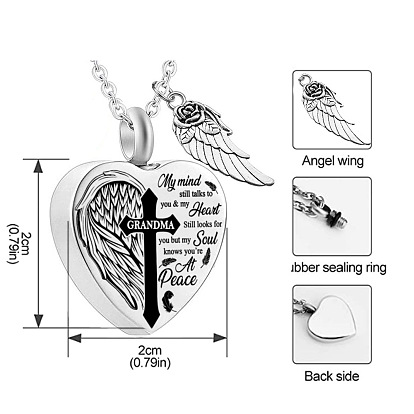 Heart and Wing Urn Ashes Pendant Necklace, Cross with Word 316L Stainless Steel Memorial Jewelry for Men Women