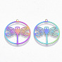 Ion Plating(IP) 201 Stainless Steel Filigree Pendants, Etched Metal Embellishments, Flat Round with Dragonfly