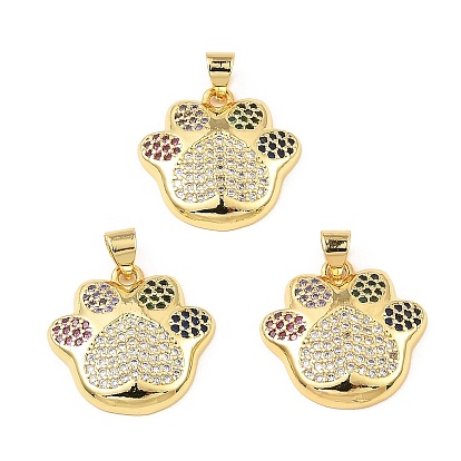 Real 18K Gold Plated Rack Plating Brass Micro Pave Cubic Zirconia Pendants, Long-Lasting Plated, Cadmium Free & Lead Free, Paw Print
 Charms