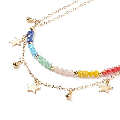 Brass Star Charms Double Layer Necklace with Colorful Glass Beaded for Women
