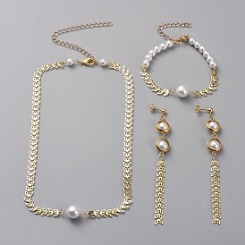 Jewelry Sets, Bracelets & Earrings & Necklaces, with Plastic Imitation Pearl Beads, Brass Cobs Chains, 304 Stainless Steel Lobster Claw Clasps