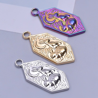 201 Stainless Steel Pendants, Hexagon with Moon & Rabbit Charms
