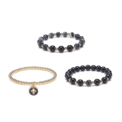 3Pcs 3 Style Natural Eyeless Obsidian & Crackle Agate & Brass Beaded Stretch Bracelets Set, Alloy Enamel Cross Charms Stackable Bracelets for Women
