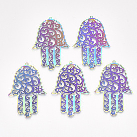 Ion Plating(IP) 304 Stainless Steel Filigree Big Pendants, Etched Metal Embellishments, Religion, Hamsa Hand/Hand of Fatima/Hand of Miriam